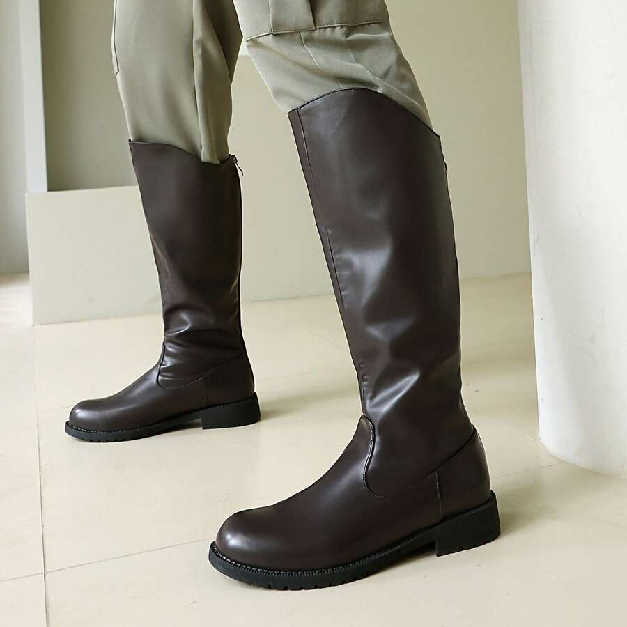 2025 男士高帮皮革马靴 & COSPLAY & 侧拉链简约男士靴子圆头橡胶厚底高筒靴 & 黑色 & 巧克力棕色 - 巧克力棕 - 查看 1