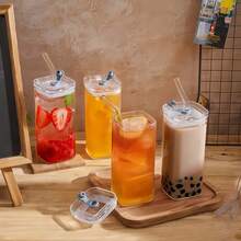 4-Piece Square Lidded Glass Cup With Straw And Straw Brush, Portable Drinking Cup, Iced Coffee Cup, Father's Day Cup, Perfect For Office, Party Supplies, Home, School, And Outdoor Use - 透明 - 查看 1