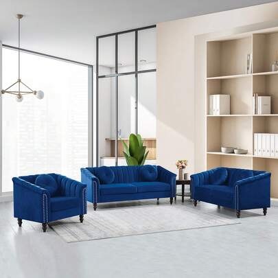 Luxurious Velvet Modern Chesterfield Settee Sofa Upholstered Rolled Arm With Rivets/2 Button Tufted Pillow, Contemporary Microfiber Fabric Couch Set For Living Room.Blue-3pcs(Chair + Loveseat + Sofa)