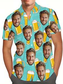 定制啤酒日夏威夷衬衫 - 个性化照片，男士休闲涤纶纽扣短袖上衣，非常适合夏季穿着。 - 彩色 - 查看 5