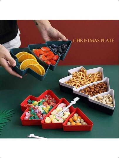 1 szt. plastikowa tacka na przekąski w kształcie choinki, podzielona na przystawki, odpowiednia do słodyczy, suszonych owoców, orzechów, deserów, idealna na przyjęcia świąteczne i do restauracji, serwuje świąteczne przekąski i napoje, świąteczny prezent, świąteczne dekoracje, świąteczne piżamy, świąteczne prezenty, świąteczne dekoracje