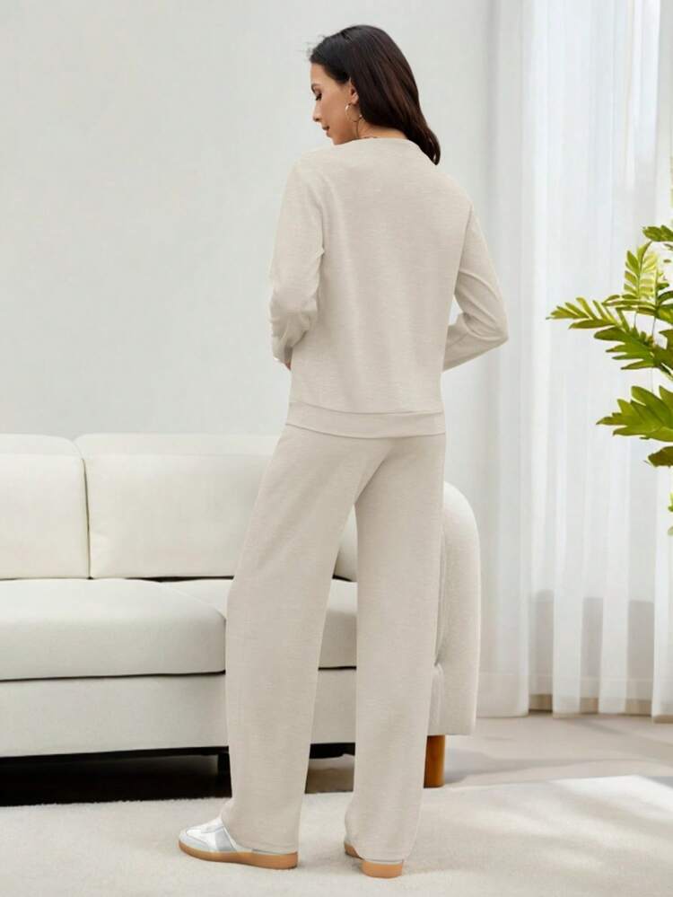 Casly Lamiit Women's 2 Piece Lounge Comfort Set - Boat Neck Sweater & Airy Wide Leg Pants Autumn Travel Casual Clothing - Màu be đậm - Xem 6