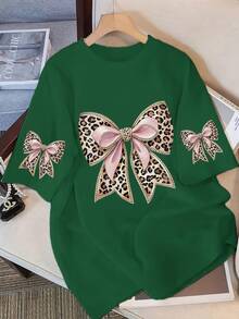 Women's Casual Leopard Print Bow Design T-Shirt, Summer - Dark Green - View 1