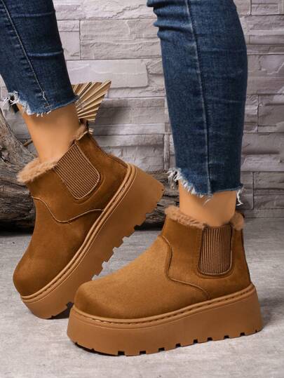 女士简约毛绒保暖经典踝靴，秋冬季户外运动厚底雪地靴