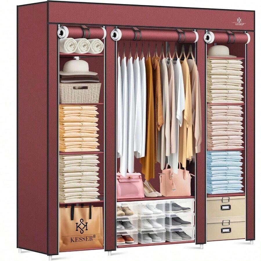 Heavy Duty Fabric Wardrobe With Rod And Shelves, Includes 5 Hangers, Foldable Fabric Bedroom Closet, Walk-In Closet With Clothes Rack, 150 X 45 X 175 Cm, Burgundy