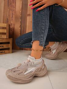 Women's Casual Sneakers, Fashion Thick Sole Versatile Elastic Knit Slip-On Athletic Shoes, Soft Bottom Comfortable Mom Shoes, Hiking Shoes - Khaki - View 4