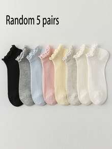 4/5/8 Pairs Women's Solid Color Classic Versatile Breathable Ruffle Edge Short Socks, Cute & Sweet Daily Casual Hollow Fabric Ruffle Edge Lolita Style Minimalist Vertical Stripe Lace Trim Socks, Suitable For Daily, Casual, Sports, Travel, Gifts, All Seasons - Multicolor - View 15