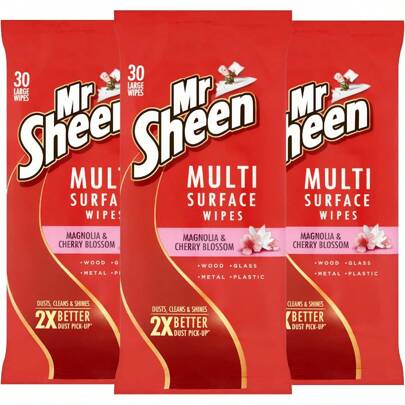 Mr Sheen Ultra Effective Wipes For Wood, Glass, Metal And Plastic, Magnolia And Cherry Blossom Fragrance, 30 Wipes Per Pack, Pack Of 3