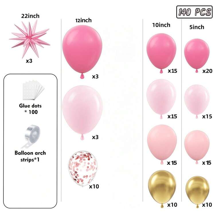 140pcs Pink Balloon Arch Kit, 153pcs With Stars - 22, 12, 10, 5 Inch Pink & Gold Confetti Latex Balloons, For Boys, Girls, Kids, Babies Shower, Gender Reveal, Wedding, Birthday, Room, Party Decorations - Pink - View 2