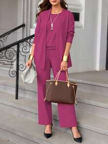 女士休闲纯色三件套：外套/开衫 + 圆领无袖上衣 + 松紧腰直筒裤，柔软弹力面料，宽松舒适，适合春/秋/冬穿着。 - 玫紅色 - 查看 2