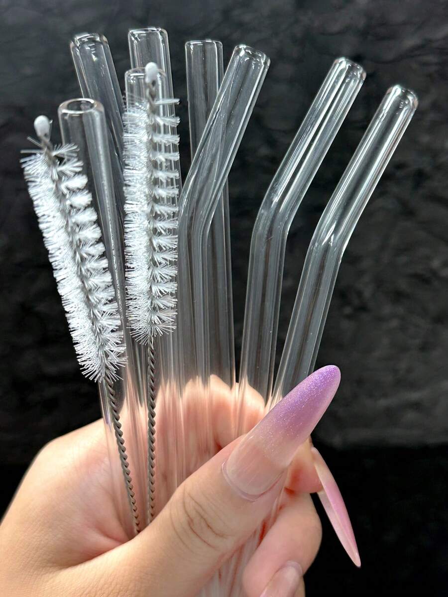 10 件可重复使用玻璃吸管套装，弯和直透明饮用吸管，返校，高硼硅玻璃冰沙吸管，鸡尾酒吸管，适用于冷热饮料、冰咖啡、果汁、派对用品、家庭和办公室的酒吧配件。