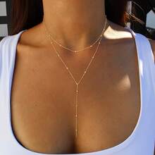 1pc Foxgirl Women's Lasso Gold Necklace, Exquisite Long Necklace 14k Gold-Plated/Silver Y-Shaped Pendant Necklace Fashionable Layered Cubic Zirconia Bead Necklace Pendant Necklace Simple Gold Jewelry Women's Gift - 金色 - 查看 2