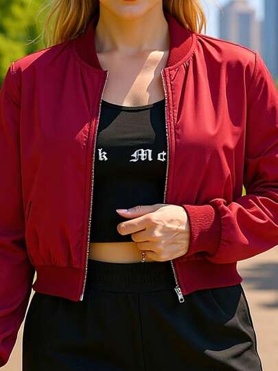 Women's Olive Green Bomber Jacket Zip - Up Casual Short Outerwear For Spring Autumn