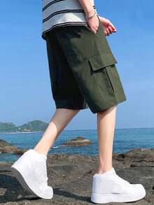 1 件装 Tween Boy 青少年休闲夏季运动户外口袋短裤，带英文字母印花，适合春秋季的时尚工作服 - 軍綠色 - 查看 5