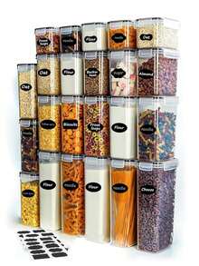30pcs Closed Food Storage Containers With LIDS, Plastic Kitchen Pantry Organization And Storage, Dry Cargo Containers For Cookies, Grains, Pasta, Flour, Sugar, Labels, Markers, Dishwasher, Plastic Food Storage Containers - 黑與白 - 查看 1