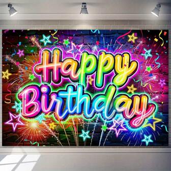 2D 1pc Neon Happy Birthday Background - Vivid Graffiti Fireworks And Firecrackers Design, Polyester, Modern Cool Photography Backdrop, Suitable For Party, Wedding, Graduation And Photo Shoot, Birthday Party Decor
