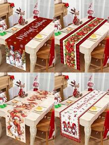 1 pièce Chemin de table bonhomme de neige de Noël, 35*180cm Chemin de table en polyester avec deux bonhommes de neige portant des écharpes rouges, motif sapin de Noël et cadeaux de Noël sur fond rouge. Joyeux Noël. Convient pour les décorations de table de cuisine et de restaurant à Noël, cadeaux et décorations de Noël. - Multicolore - Voir 3