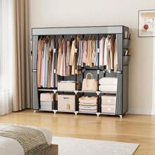 170cm Wide, Large-Capacity Portable Fabric Wardrobe With 4 Shelves, 4 Hanging Rods, And A Lid. Sturdy, Freestanding Bedroom Wardrobe In Black. - 灰色 - 查看 2