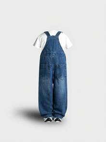 Süße Latzhose mit weitem Bein, verstellbaren Trägern, Herz-Tasche-Dekor und locker sitzendem Dunkelwash-Denim, geeignet für alle Jahreszeiten