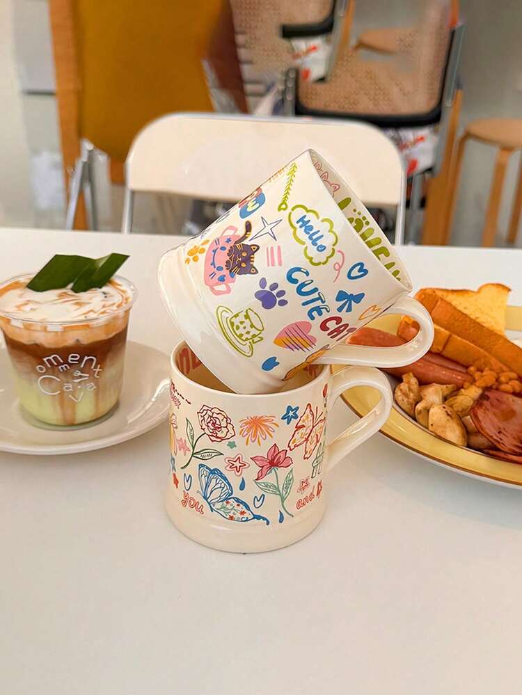 可爱涂鸦蝴蝶奶油色陶瓷杯 - 容量大，适合用作咖啡杯、节日礼物、办公室/家庭饮具、公司礼物或送给朋友/返校的礼物 - 彩色 - 查看 7