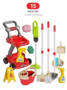 طقم لعبة مجموعة التنظيف المنزلي للأطفال، مكنسة، جامبو، شفاط، جردل وأدوات التنظيف المزيفة للبنات