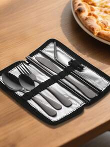 便携式旅行餐具，可重复使用的银器，配有固定餐具盒，包括筷子、吸管、刀、叉、勺子、吸管刷，9 件不锈钢餐具套装，黑色、金色、银色露营野餐餐具套装，学校用品 - - - 查看 2