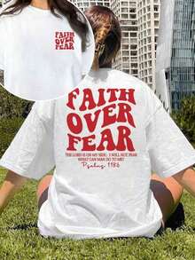 180g Faith Over Fear Christian Graphic-Shirt |   Women's Casual Vacation Bible Verse Tee |   Summer Round Neck Short Sleeve Top Summer-Shirt Women Casual Loose Top Letter Print Tee - 白3 - 查看 9