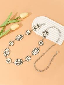 1 chiếc dây thắt lưng trang trí màu ngọc lam hình bầu dục bạc dành cho nữ, thắt lưng kim loại đa năng - Xanh và trắng - Xem 2