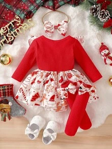 3Pcs/Set Newborn Baby Girls' Cute Red Ribbed Patchwork Gingerbread Man & Christmas Tree Santa Claus Print Bodysuit & Bow Headband, Suitable For Christmas - Red - View 2