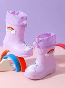 2025 New Children's Mid-Calf Rain Boots, Thick Warm Durable Rubber Boots, Cute Cartoon Drawstring Design, Waterproof, High-End Rubber Shoes For Boys & Girls, Elementary School Students, Fresh Style Mid-Calf Rain Boots - Violet Purple - View 6