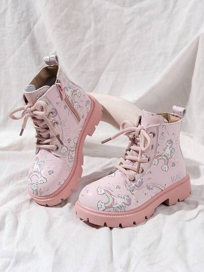 1 Pair Girls' Rainbow & Pony Print Boots, Simple & Non-Slip, Fashion Party Shoes For Children, Autumn/Winter