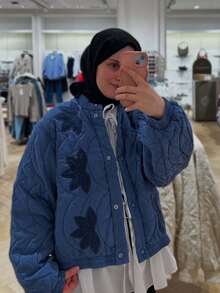 Women's Blue Quilted Stand Collar Padded Jacket Long Sleeve Pocket Casual Fall Winter Coat