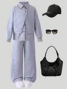 秋季女童休闲条纹衬衫、灰色夹克三件套 - 灰色 - 查看 1