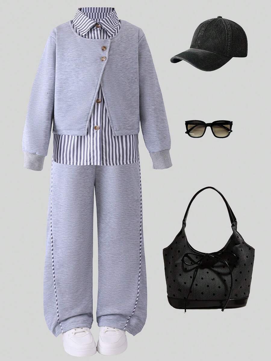 秋季女童休闲条纹衬衫、灰色夹克三件套 - 灰色 - 查看 1