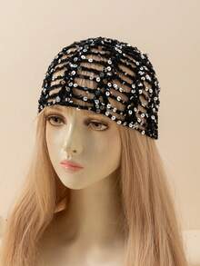 Tropiscape 1 Mũ len đan tay đính sequin nhẹ, khoét lỗ cho nữ, thích hợp mặc ngoài trời hàng ngày vào mùa xuân, mùa hè, mùa thu, phụ kiện mùa thu, quà tặng Giáng sinh - Kim sa rỗng - Xem 12