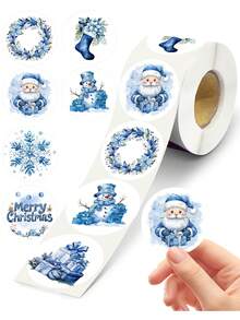 500pcs Blue Christmas Round Stickers Winter Wonderland Aesthetics Stickers Featuring Santa Snowman Snowflake Labels Stickers For Scrapbooking, Diary, DIY Crafts, Water Bottles, Laptop Paper Material Merry Christmas Party Decorations Supplies 2025 Seasonal Gifts & Stars