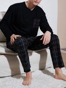 2pcs Men's Striped Print Crew Neck Long Sleeve Top And Pants Pajama Set, Casual And Comfortable Loungewear, Spring/Autumn - Black - View 3