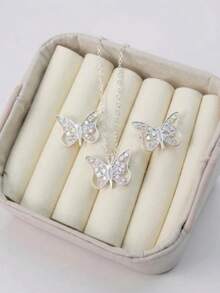 Butterfly Necklace + Earrings Kit With Pink, Colorful, White Zirconia Plated For Women, Gold Plated - 銀色水果 - 查看 2