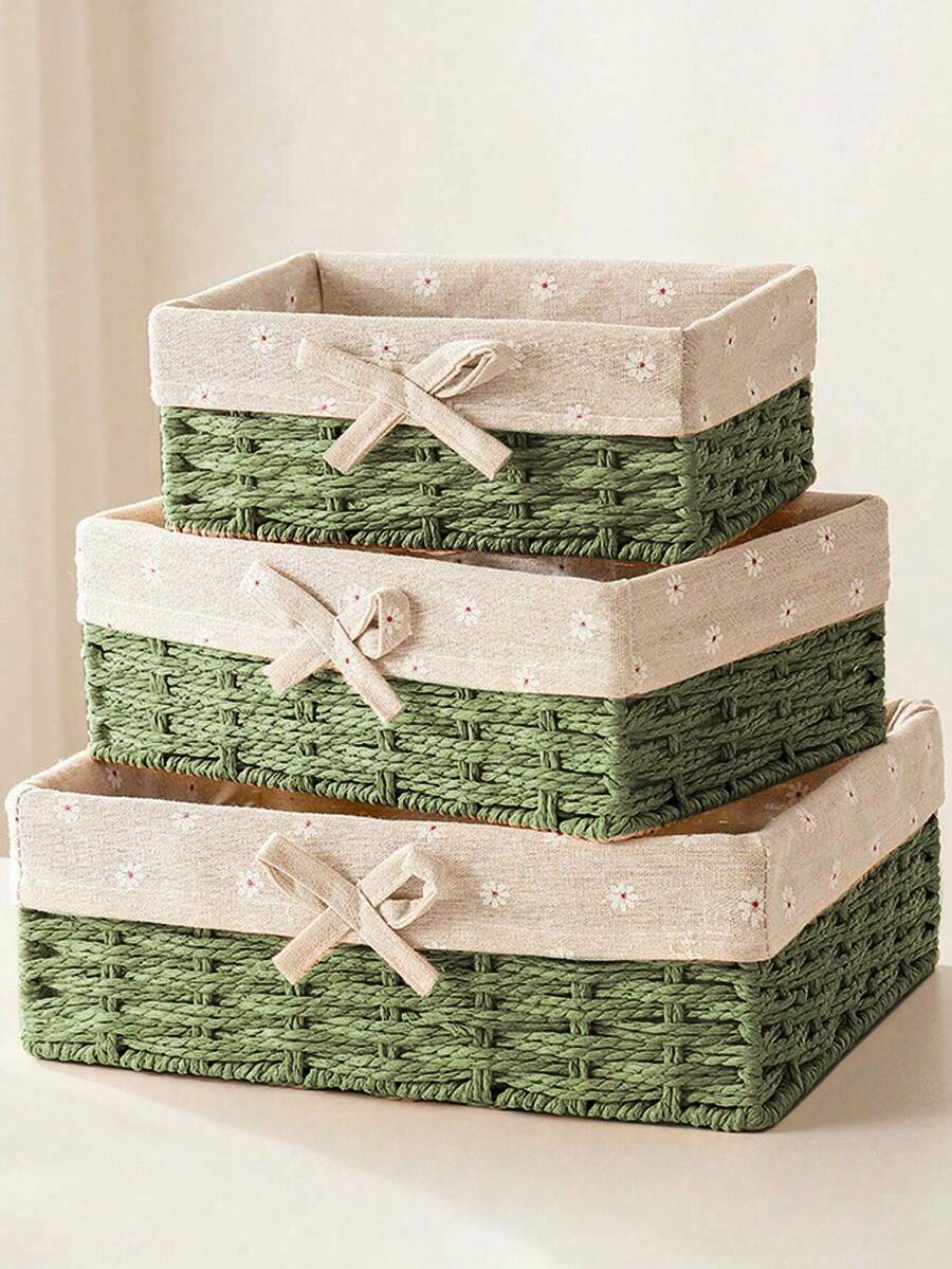 1 件/3 件编织桌面收纳篮，适用于零食、化妆品、玩具和其他家居用品，多功能织物收纳盒，适用于咖啡桌或钥匙篮，桌面装饰收纳篮，手工编织收纳盒，节日装饰礼品收纳，面部整理收纳篮，理想的礼品篮 - 綠色 - 查看 1