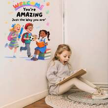 1pc Rainbow Children Reading Together Wall Sticker "We Rise By Lifting Others" Baby Room Bedroom Kindergarten Decor Self-Adhesive Wall Paper - Multicolor - View 6