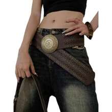 波西米亚复古手工皮带 - 复杂图案金属装饰，时尚个性化单品，适合搭配时尚和节日装扮 - 棕色 - 查看 6