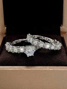 2 件套华丽方晶锆石戒指，适合女士，情人节礼物，结婚周年派对珠宝 - 銀色 - 查看 2