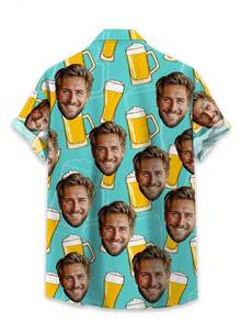 定制啤酒日夏威夷衬衫 - 个性化照片，男士休闲涤纶纽扣短袖上衣，非常适合夏季穿着。 - 彩色 - 查看 4