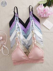 7PCS Women's Simple Casual Rib Solid Color Bra, Soft, Breathable, Wireless, Comfortable At Home Style Bra Underwear. - Multicolor - View 1