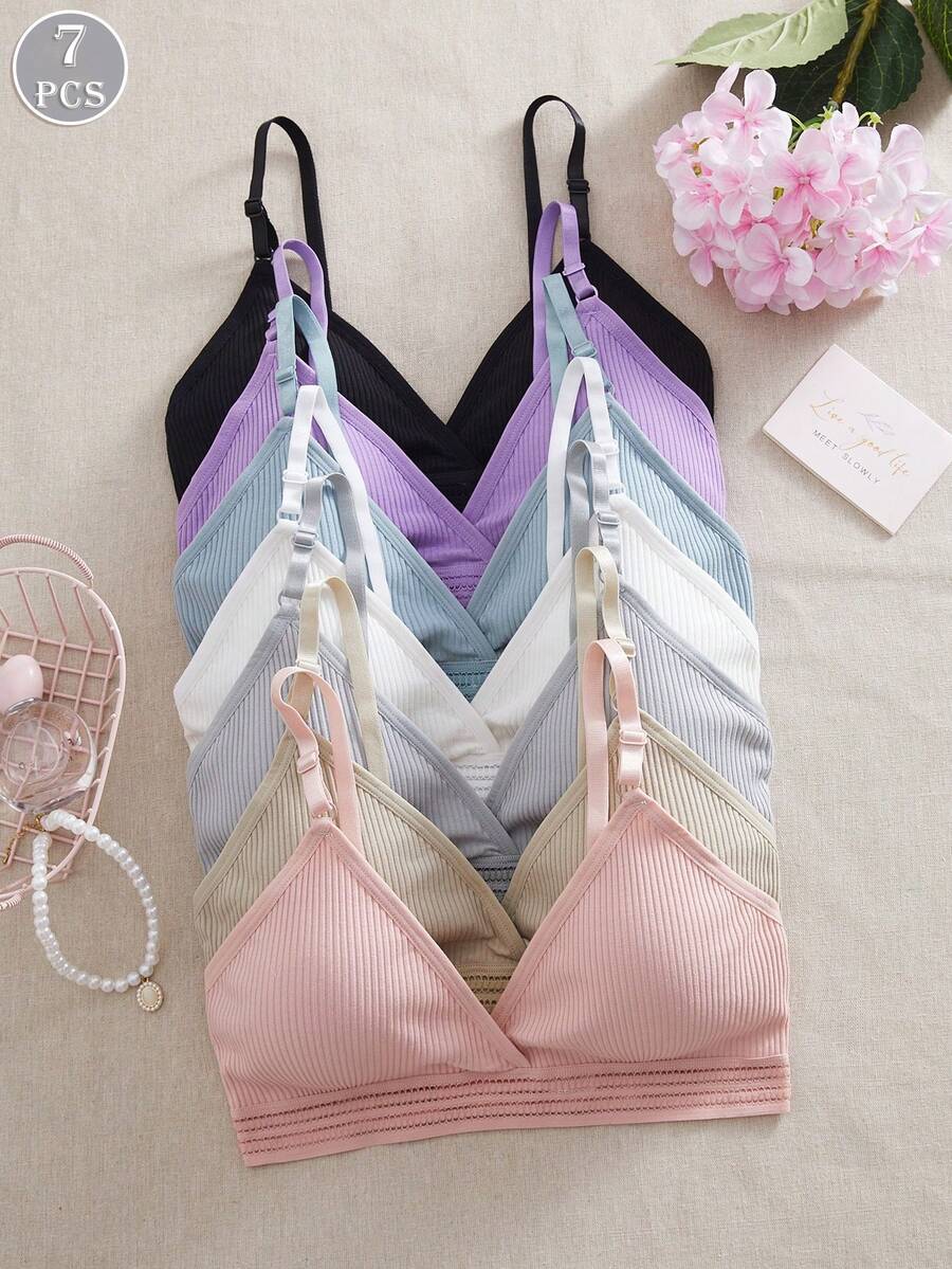 7PCS Women's Simple Casual Rib Solid Color Bra, Soft, Breathable, Wireless, Comfortable At Home Style Bra Underwear. - Multicolor - View 1