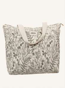Fashionable Casual Cotton Printed Quilted Pattern Beach Tote Bag, Large Size With Zipper - Beige - View 2