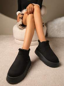 女式仿毛黑色户外5厘米厚底踝靴，紧身针织袖口毛皮衬里雪地靴，新款秋冬款带后拉带，蓬松加厚保暖内衬拖鞋时尚简约保暖鞋男士室内拖鞋 - 黑色 - 查看 3