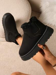 女式仿毛黑色户外5厘米厚底踝靴，紧身针织袖口毛皮衬里雪地靴，新款秋冬款带后拉带，蓬松加厚保暖内衬拖鞋时尚简约保暖鞋男士室内拖鞋 - 黑色 - 查看 6