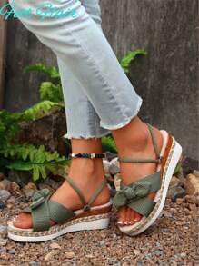 Foot Flair 加大码女式蝴蝶装饰露趾两穿帆布厚底坡跟凉鞋，波西米亚海滩度假风格，百搭春夏季款，绿色