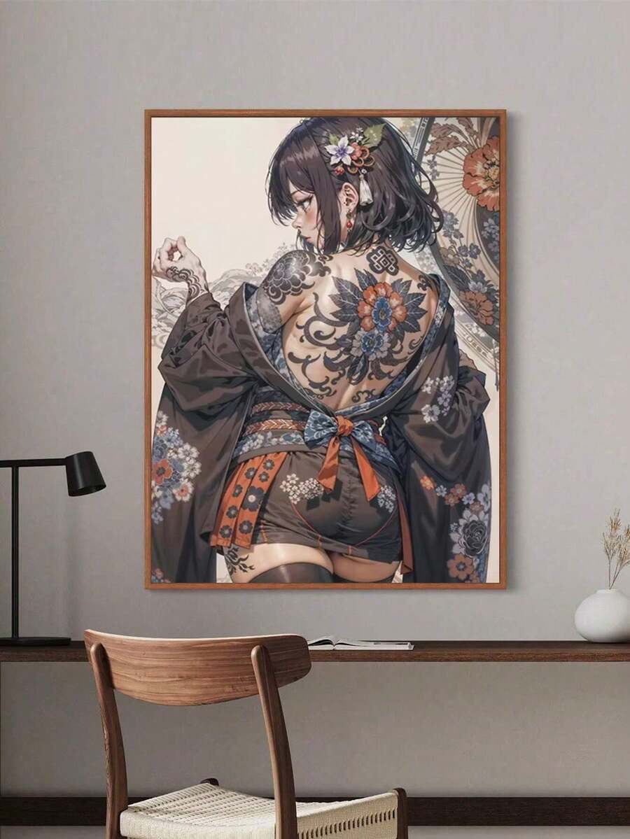 1 pieza Póster de una dama samurái japonesa Chica sexy con tatuajes de dragón de estilo japonés Impresiones en lienzo, Arte de pared único, Para decoración del hogar en la sala de estar, pasillo, idea de regalo, sin marco